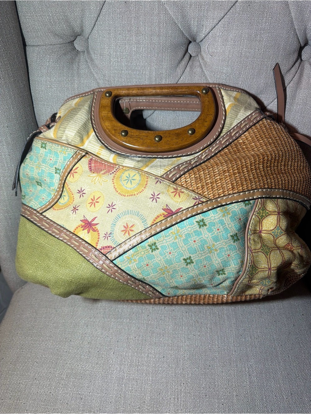 Vintage Fossil Patchwork Hobo Bag With Wooden Handle - Picture 3 of 10